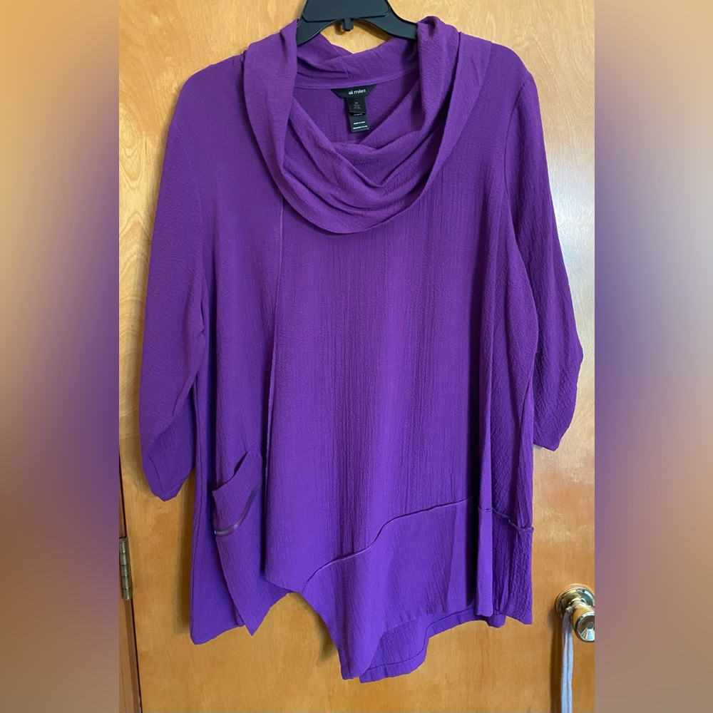 NWT purple dress shirt w/ cowel neck, roll up and long sleeves, pocket zippers.